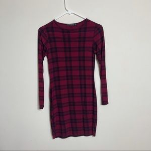 BOOHOO Plaid Long Sleeve Mini Bodycon Dress